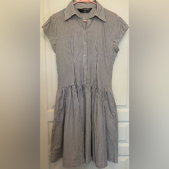 Norma Kamali  Dropped Waist Button Front A-line Midi Dress in Mattress Tick - Picture 2 of 7